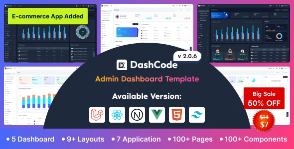 DashCode – React, Vuejs, NextJs, Laravel, HTML,Tailwind Dashboard Template